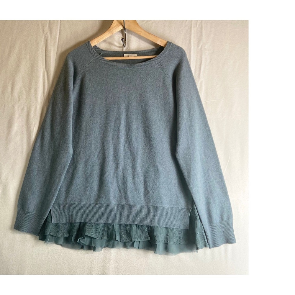 Garnet Hill Cashmere Blend Ruffle Hem Sweater Blue Embroidered Layered Top L